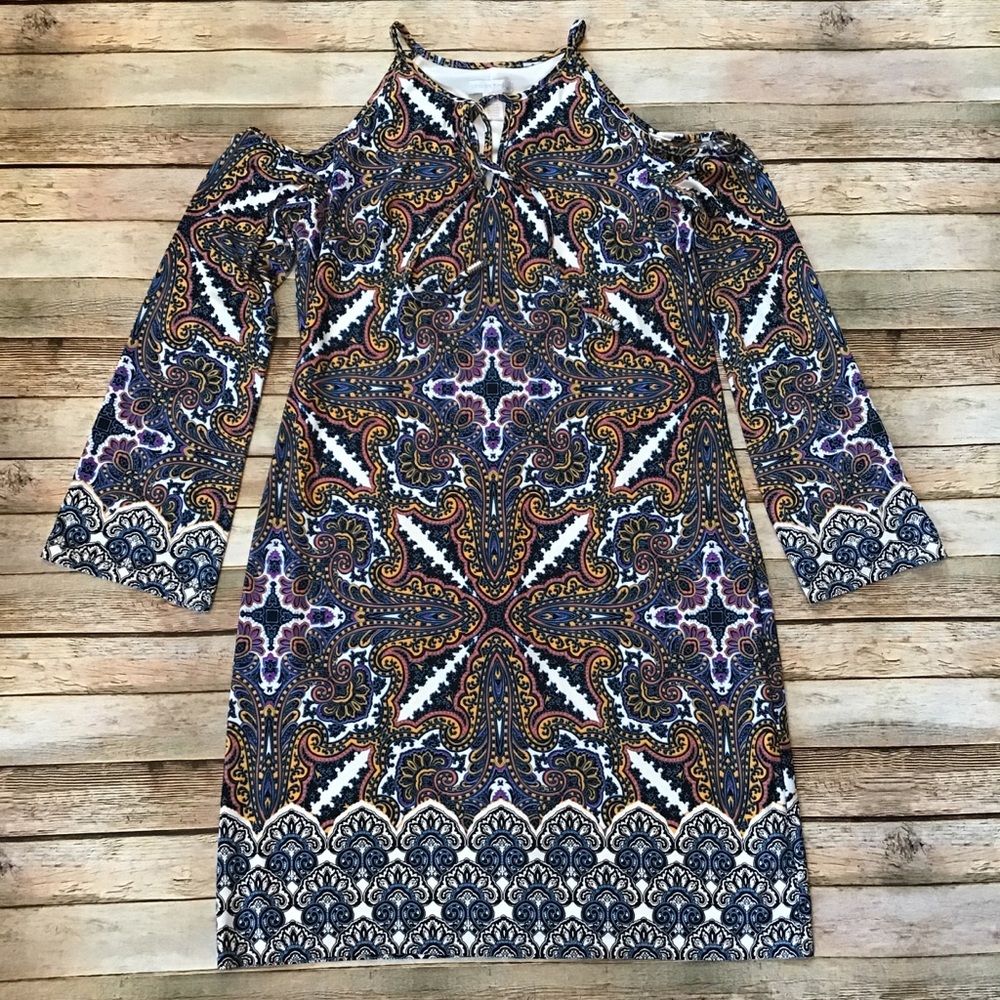 London Times Cold Shoulder Paisley Medallion Dress